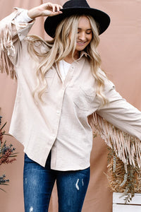 And The Why Full Size Fringe Back Detailed Button Down Shacket - Brittney MADE