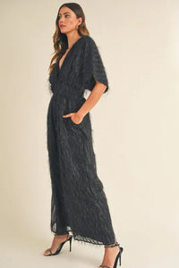 MABLE Fluffy Deep V Neck Wide Leg Jumpsuit - Brittney MADE