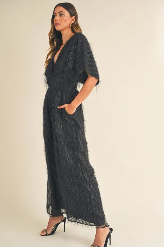 MABLE Fluffy Deep V Neck Wide Leg Jumpsuit - Brittney MADE
