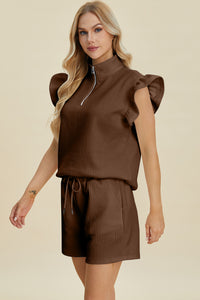 Double Take Full Size Texture Flounce Sleeve Top and Shorts Set - Brittney MADE