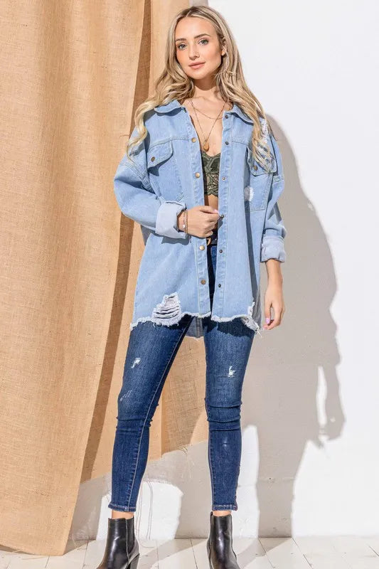 And The Why Button Front Flap Pocket Ripped Denim Jacket - Brittney MADE