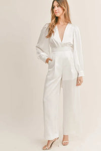 MABLE Long Sleeve Deep V Neck Satin Jumpsuit - Brittney MADE