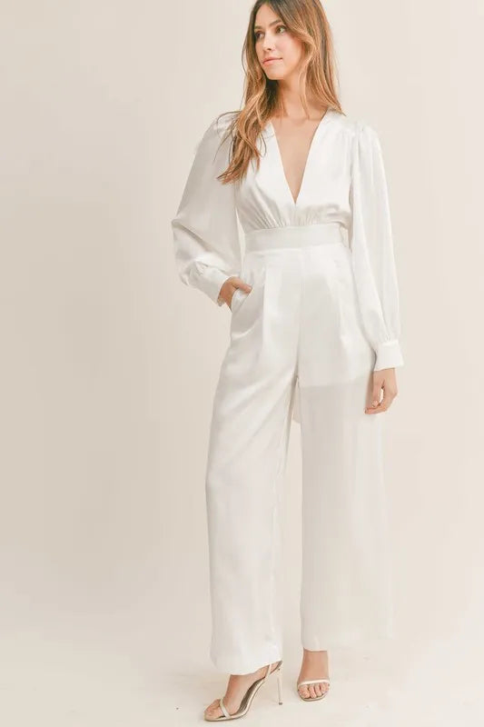 MABLE Long Sleeve Deep V Neck Satin Jumpsuit - Brittney MADE