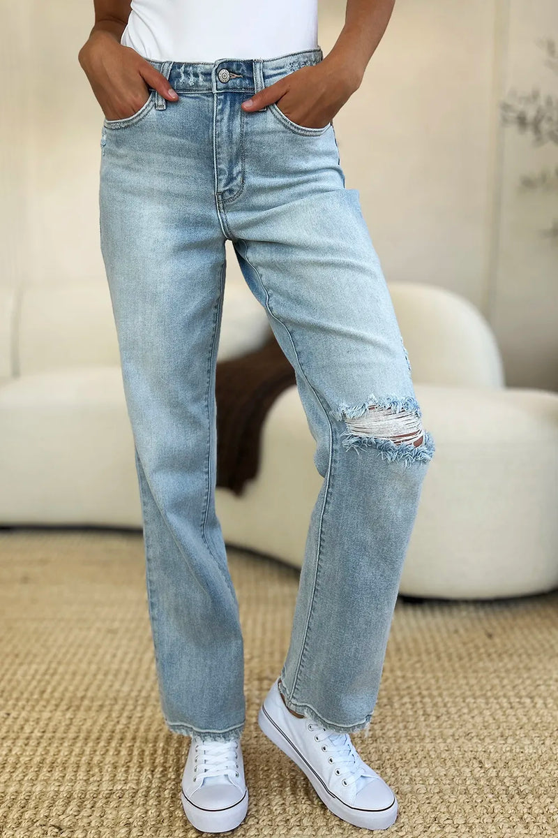Judy Blue Full Size High Waist Distressed Straight Jeans - Brittney MADE