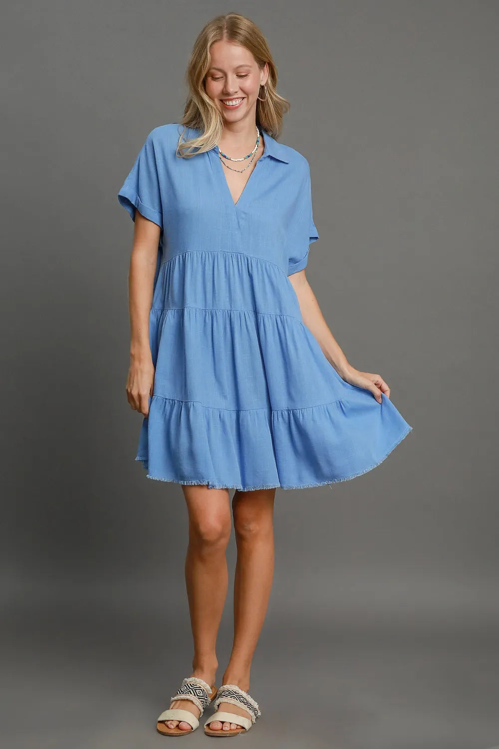 Umgee Full Size Raw Hem Folded Sleeve Tiered Dress Plus Size - Brittney MADE