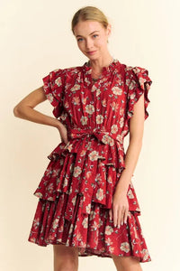 Davi & Dani Ruffle Flutter Sleeve Tie Belt Tiered Mini Dress - Brittney MADE