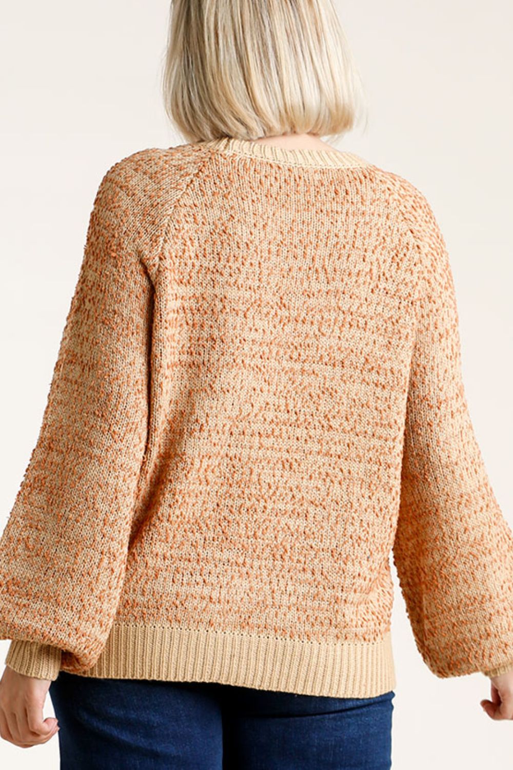 Umgee Full Size Ribbed Hem Round Neck Long Sleeve Popcorn Sweater Plus Size - Brittney MADE