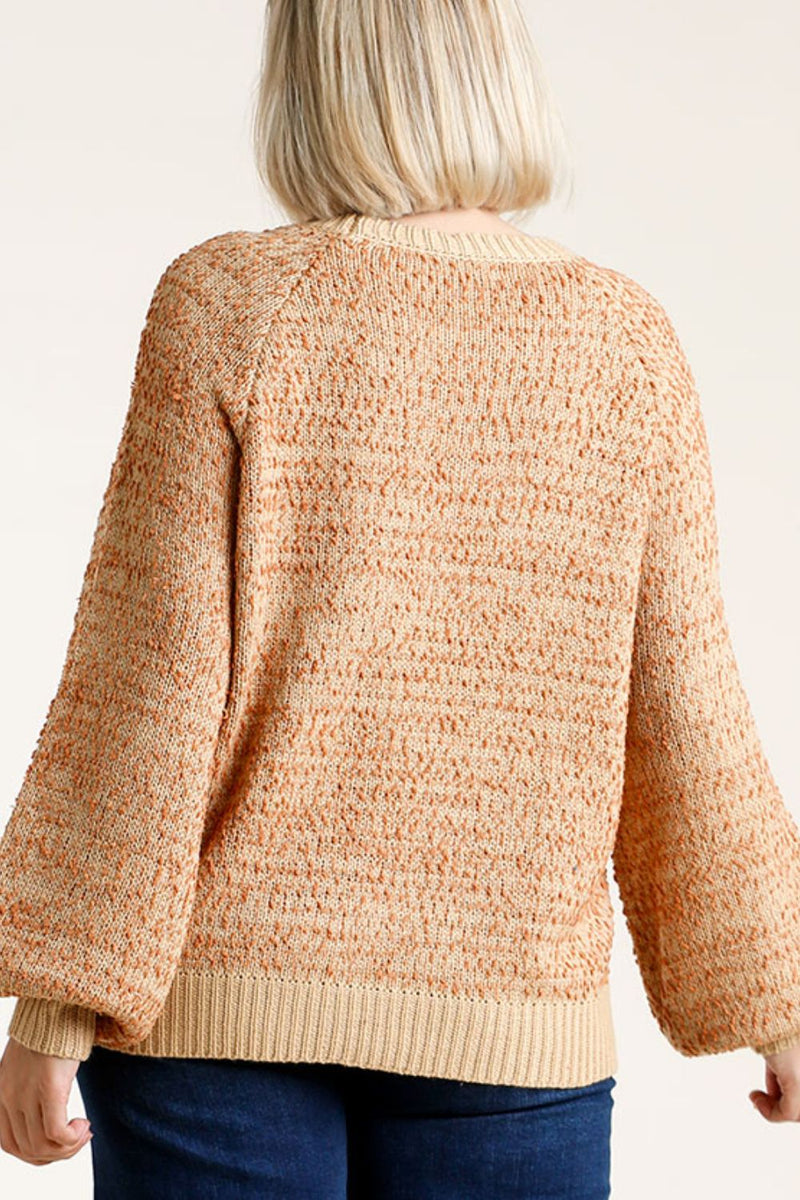 Umgee Full Size Ribbed Hem Round Neck Long Sleeve Popcorn Sweater Plus Size - Brittney MADE
