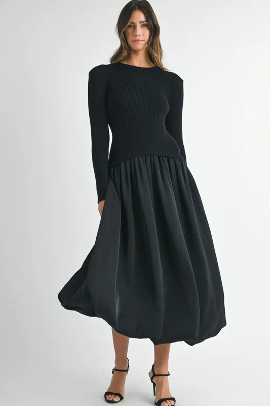 MABLE Ribbed Poplin Mix Midi Sweater Dress - Brittney MADE