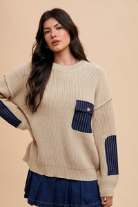 Annie Wear Contrast Round Neck Drop Shoulder Sweater with Patch Pocket - Brittney MADE