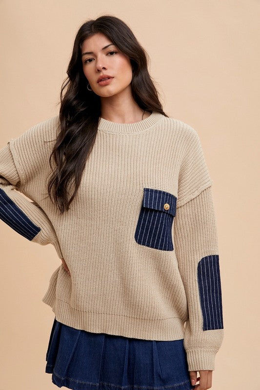 Annie Wear Contrast Round Neck Drop Shoulder Sweater with Patch Pocket - Brittney MADE