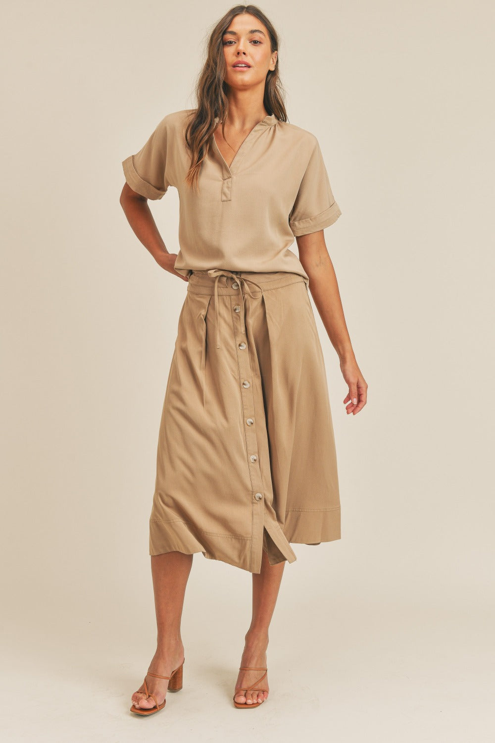 MABLE Short Sleeve Top and Button Down Midi Skirt Set - Brittney MADE