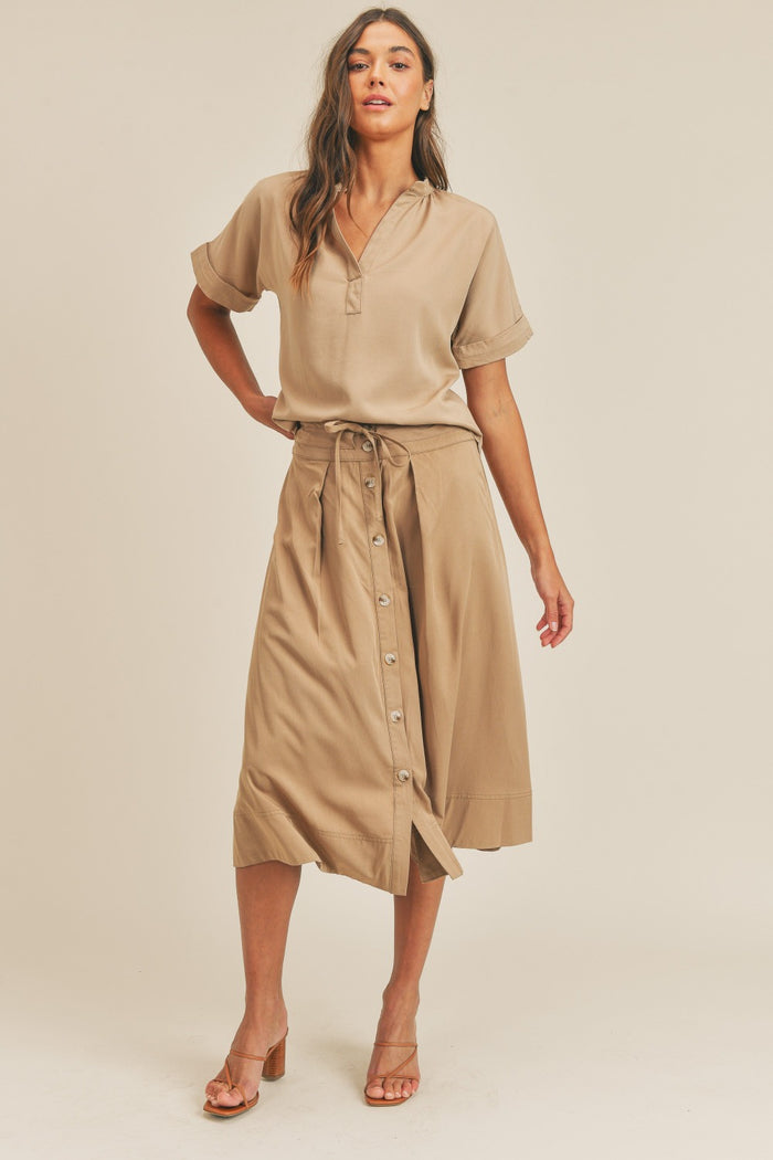 MABLE Short Sleeve Top and Button Down Midi Skirt Set - Brittney MADE