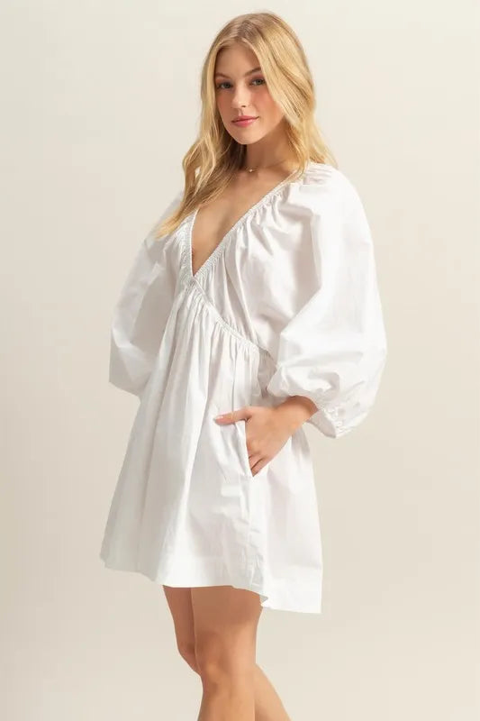 HYFVE Plunge Balloon Sleeve Poplin Mini Dress with Pockets - Brittney MADE