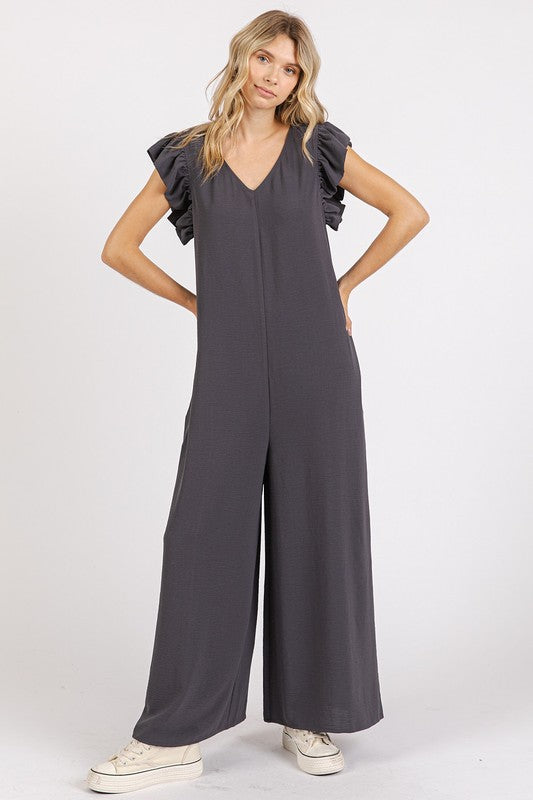 Mittoshop V-Neck Ruffled Cap Sleeve Wide Leg Jumpsuit - Brittney MADE