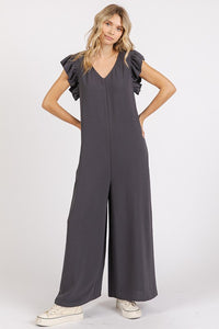 Mittoshop V-Neck Ruffled Cap Sleeve Wide Leg Jumpsuit - Brittney MADE