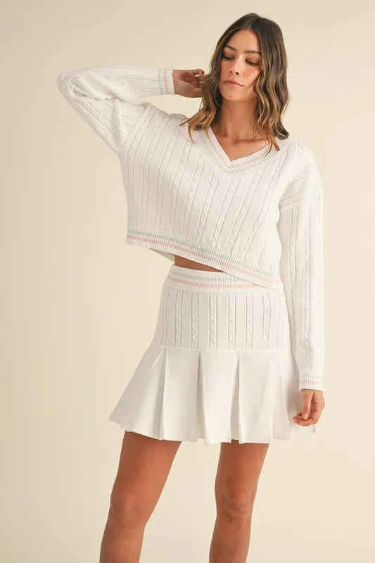MABLE V-Neck Varsity Crop Knit Sweater and Skirt Set - Brittney MADE