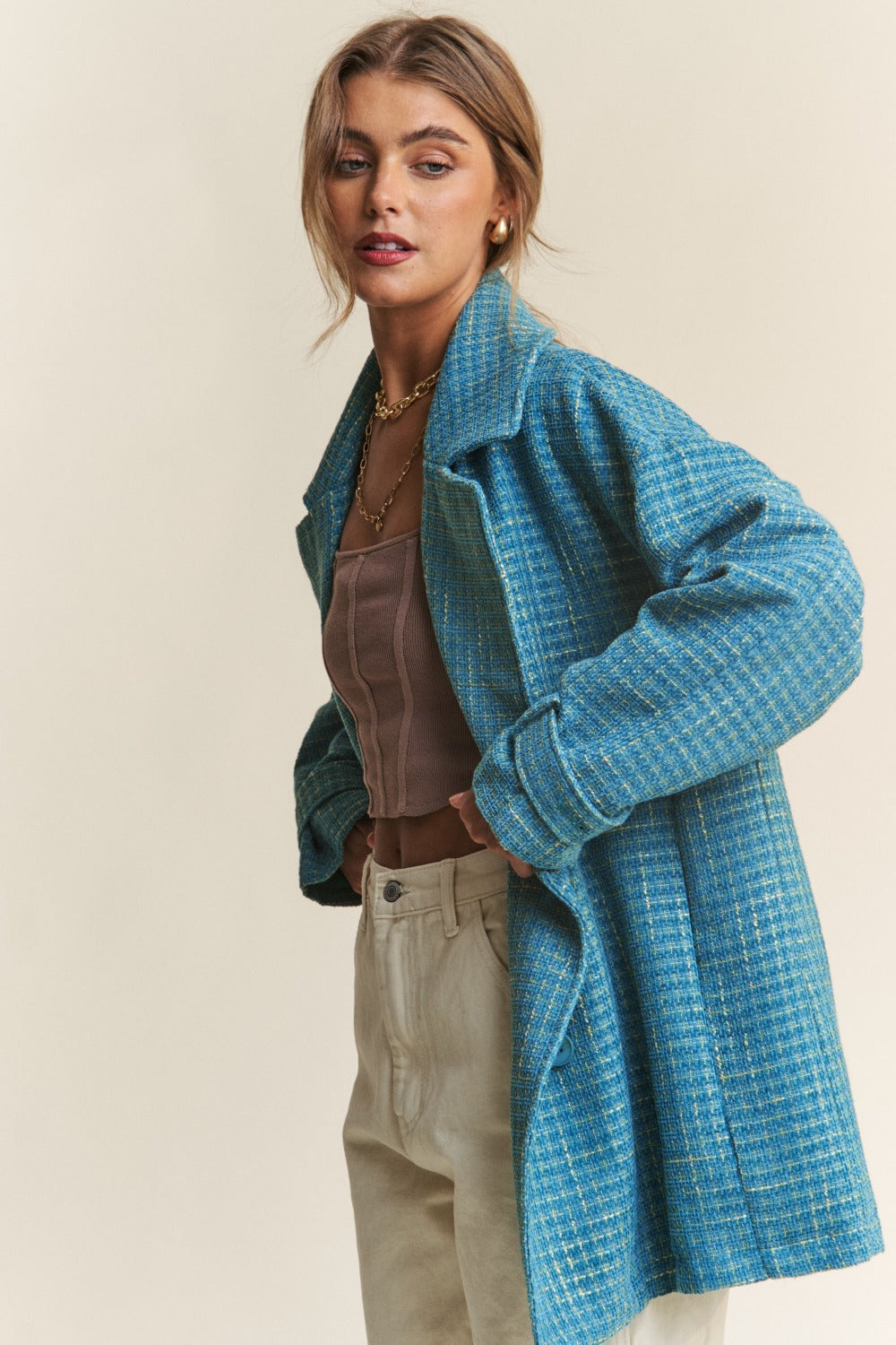 J.NNA Tweed Double-Breasted Long Sleeve Coat - Brittney MADE