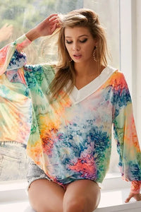 BiBi Tie Dye Soft Knit Jersey V-Neck Top - Brittney MADE