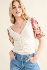 And The Why Full Size Floral Print Textured Sleeve Knit Top - Brittney MADE