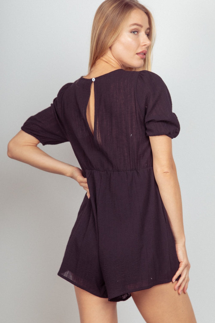 VERY J Lace Detail Puff Sleeve Romper with Pockets - Brittney MADE