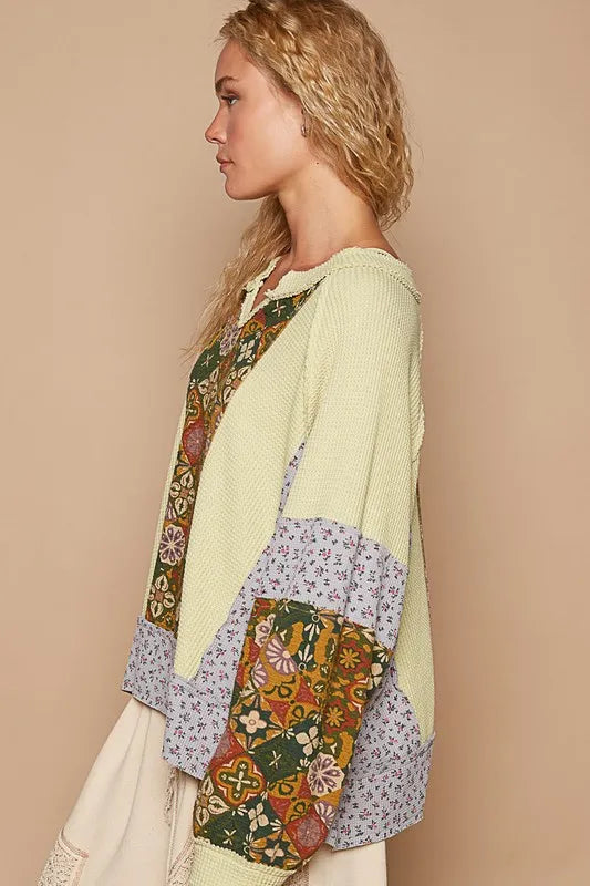 POL Exposed Seam Printed Notched Raglan Sleeve Knit Top - Brittney MADE