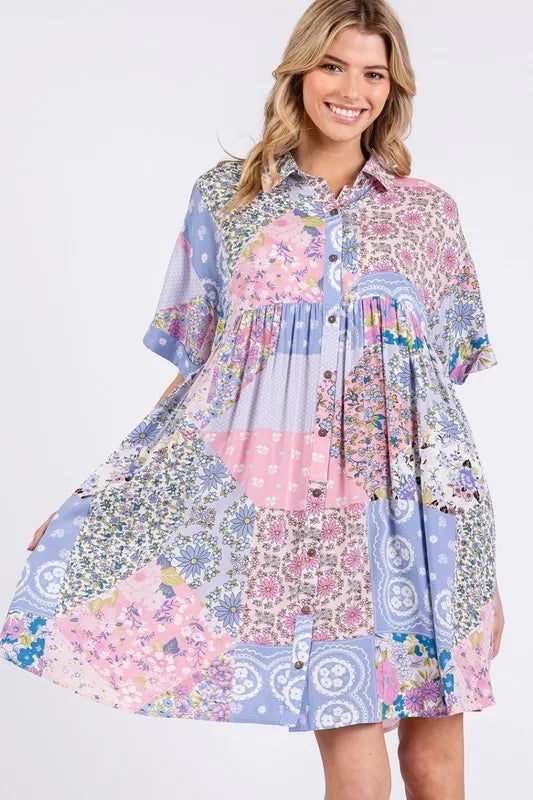 SAGE + FIG Floral Collared Neck Half Sleeve Mini Shirt Dress - Brittney MADE