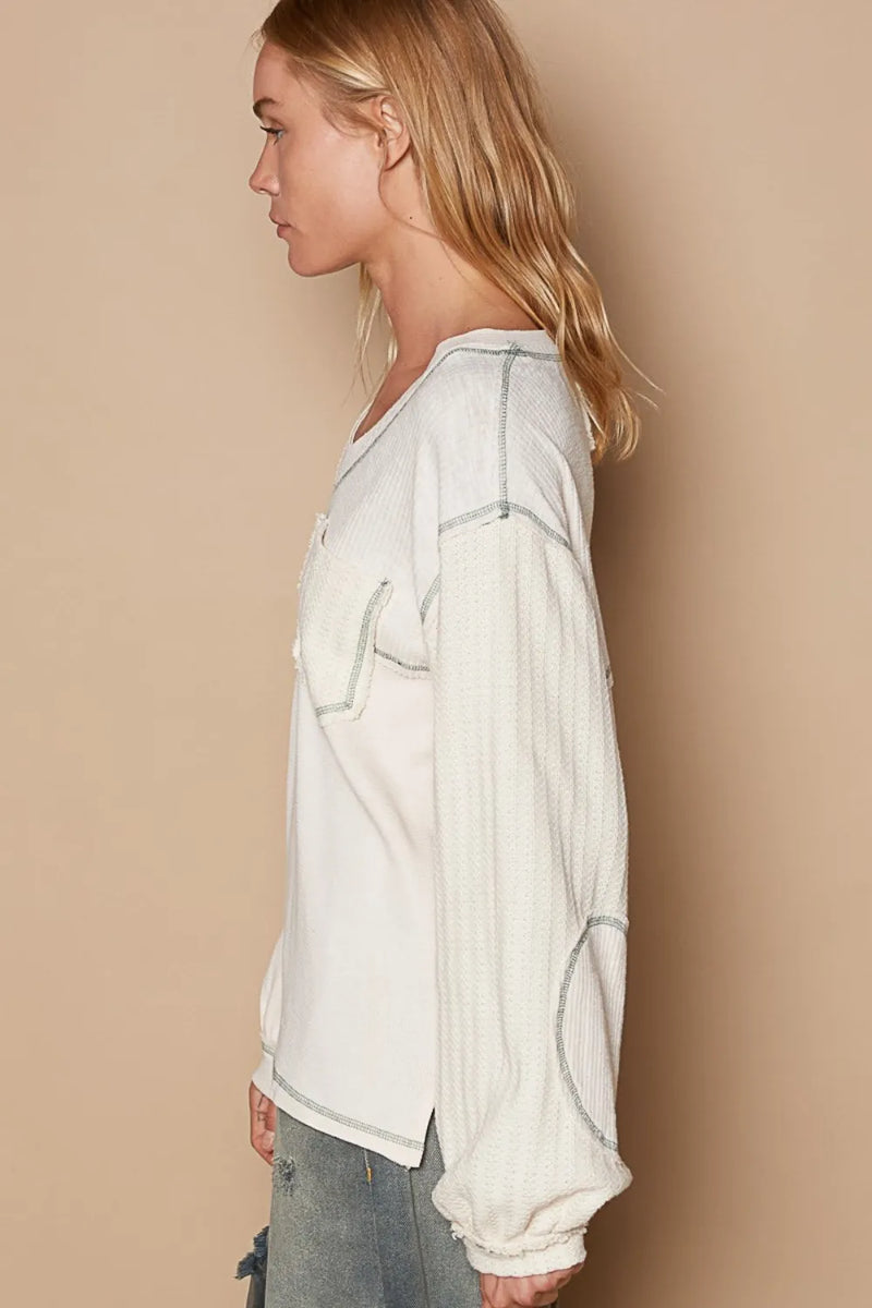 POL V-Neck knit Panel Exposed Seam Top - Brittney MADE