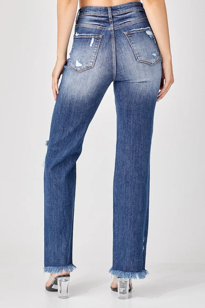 Risen Full Size Raw Hem Distressed Straight Jeans - Brittney MADE