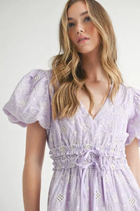 MABLE Eyelet Lace Puff Sleeve V Neck Midi Dress - Brittney MADE