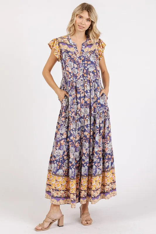 Mittoshop Floral Ruffled Notched Cap Sleeve Maxi Dress - Brittney MADE