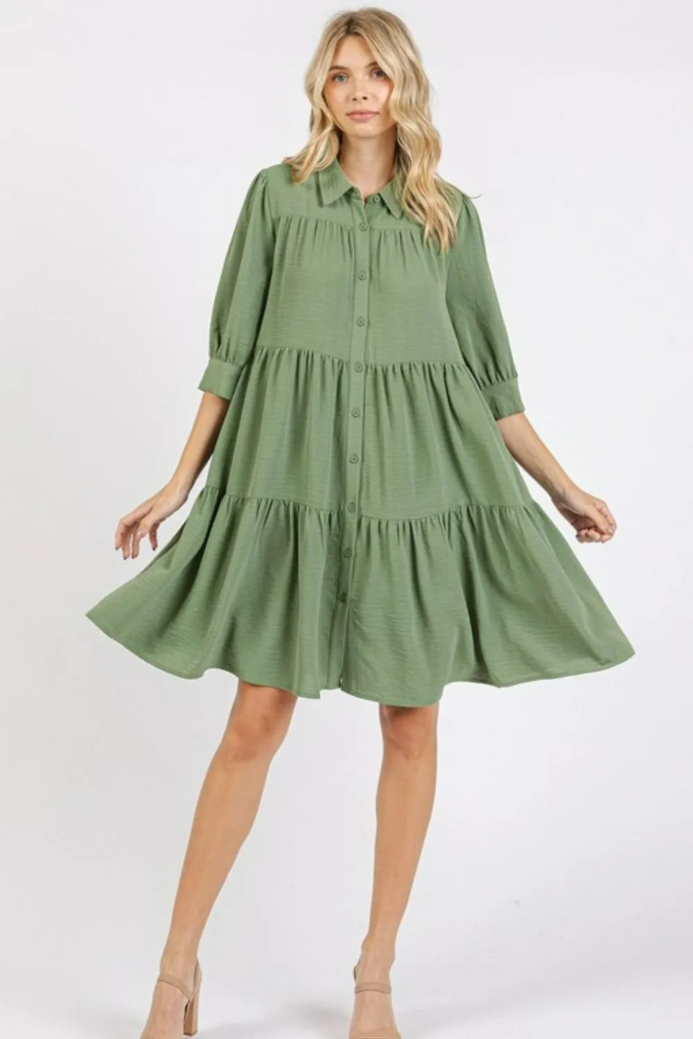 Mittoshop Button Detail Collared Neck Tiered Shirt Dress - Brittney MADE