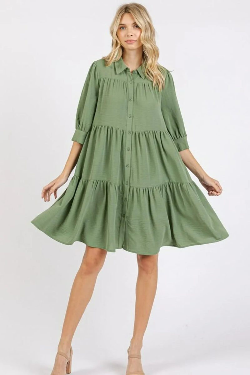 Mittoshop Button Detail Collared Neck Tiered Shirt Dress - Brittney MADE