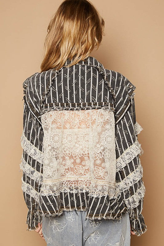 POL Raw Hem Lace Patch Flounce Sleeve Jacket - Brittney MADE