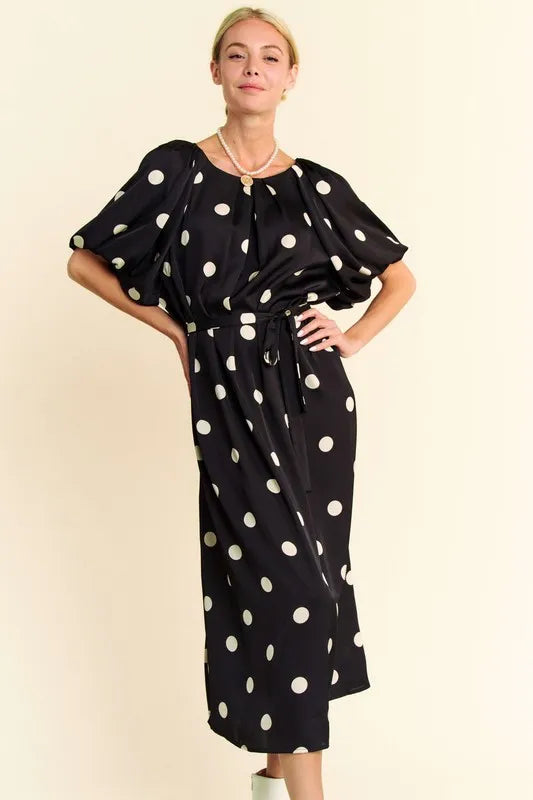Davi & Dani Polka Dot Puff Sleeves Waist Tie Midi Dress - Brittney MADE