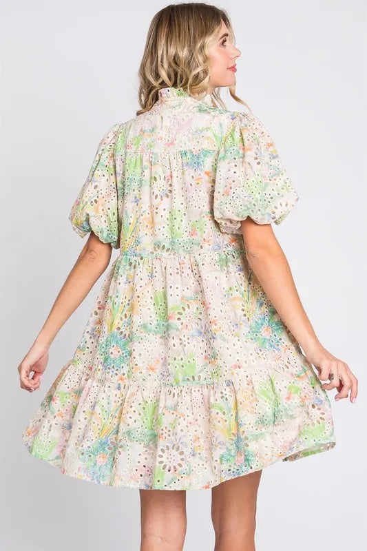 GeeGee Floral Eyelet Lace Puff Sleeve Mini Dress - Brittney MADE