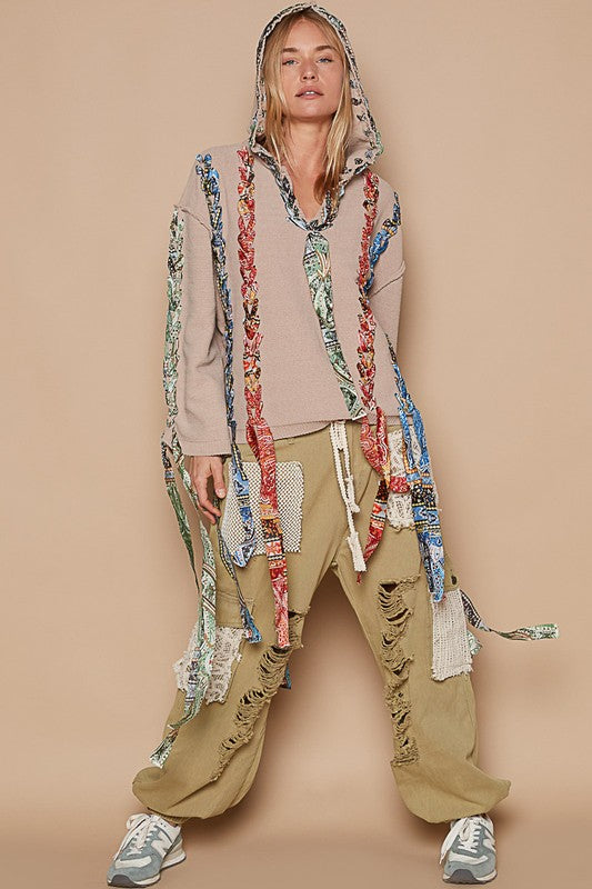 POL Contrast Thread Peace Back Hooded Sweater - Brittney MADE