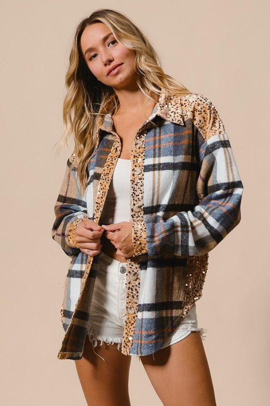 BiBi Curved Hem Sequin Plaid Button Up Shacket - Brittney MADE