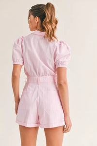 MABLE Striped Puff Sleeve Collared Neck Romper - Brittney MADE