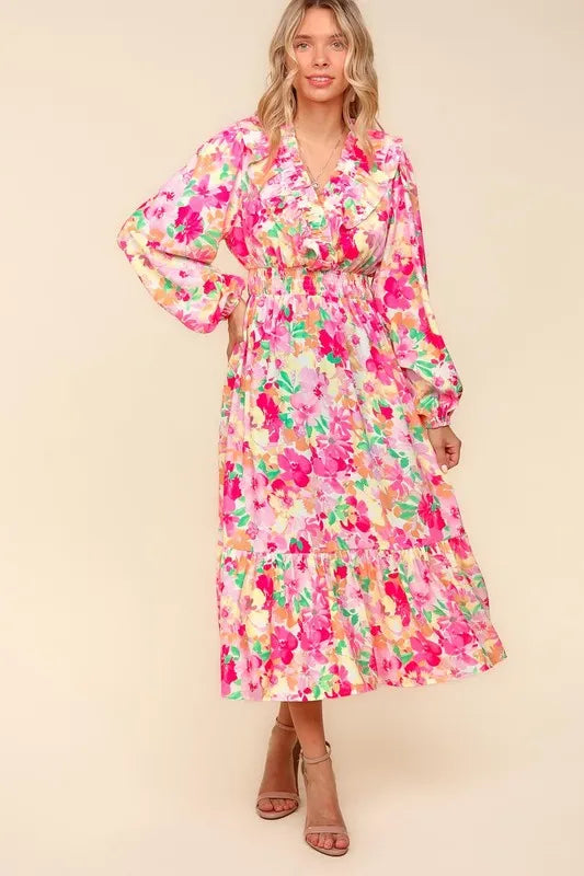 Haptics Full Size Floral Surplice Balloon Sleeve Dress with Side Pockets - Brittney MADE