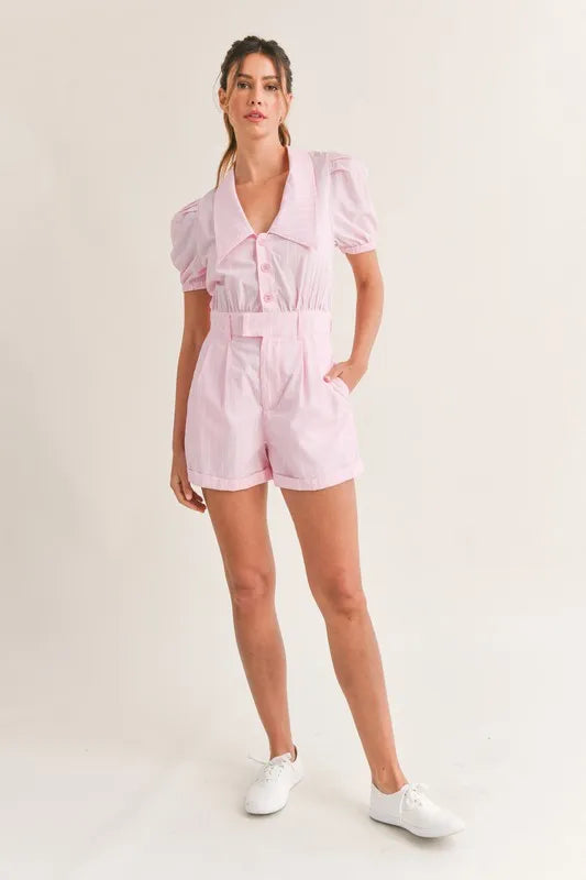 MABLE Striped Puff Sleeve Collared Neck Romper - Brittney MADE