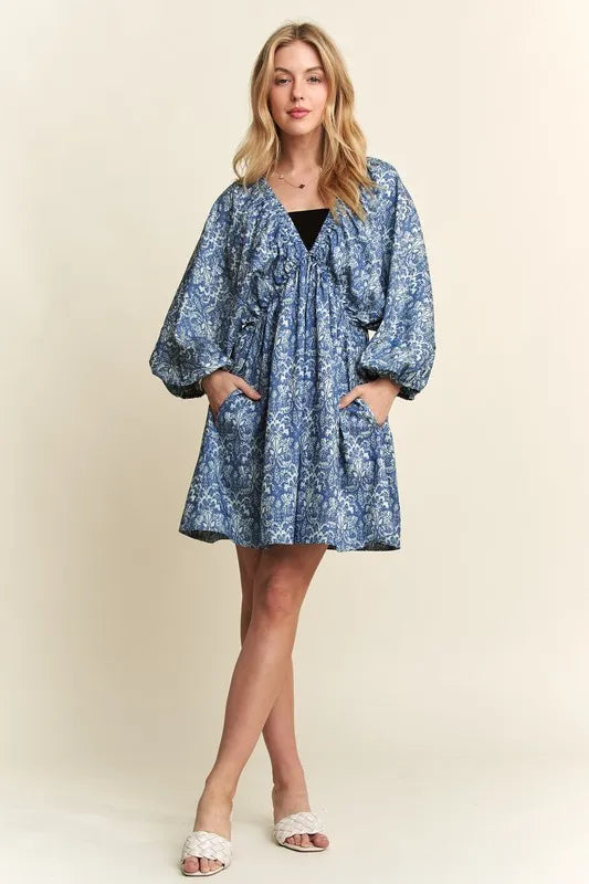ADORA Printed V-Neck Batwing Sleeve Mini Dress - Brittney MADE
