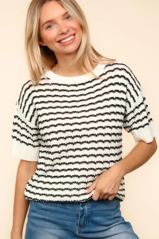 Haptics Openwork Striped Round Neck Half Sleeve Knit Top - Brittney MADE