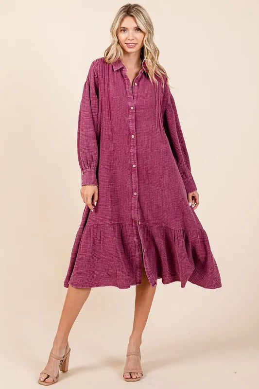 Mittoshop Mineral Wash Cotton Gauze Ruffle Midi Shirt Dress - Brittney MADE