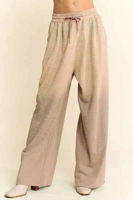Davi & Dani Rhinestone Drawstring Wide Leg Pants - Brittney MADE