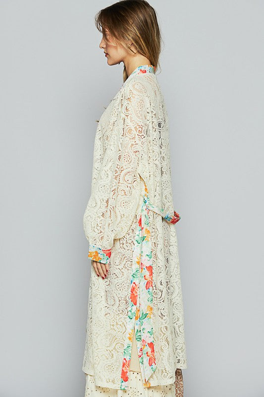 POL Floral Trim Lace Open Front Longline Cardigan - Brittney MADE