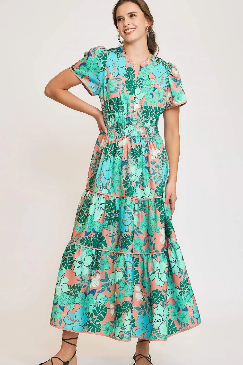 Umgee Full Size Printed Notched Short Sleeve Tiered Dress Plus Size - Brittney MADE