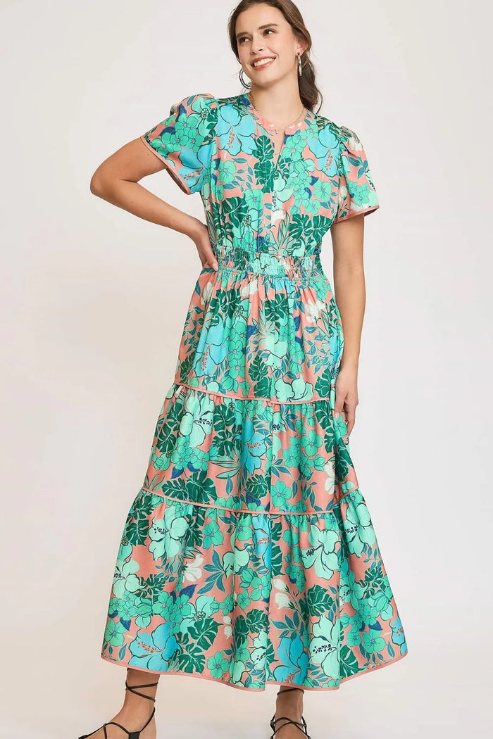 Umgee Full Size Printed Notched Short Sleeve Tiered Dress Plus Size - Brittney MADE