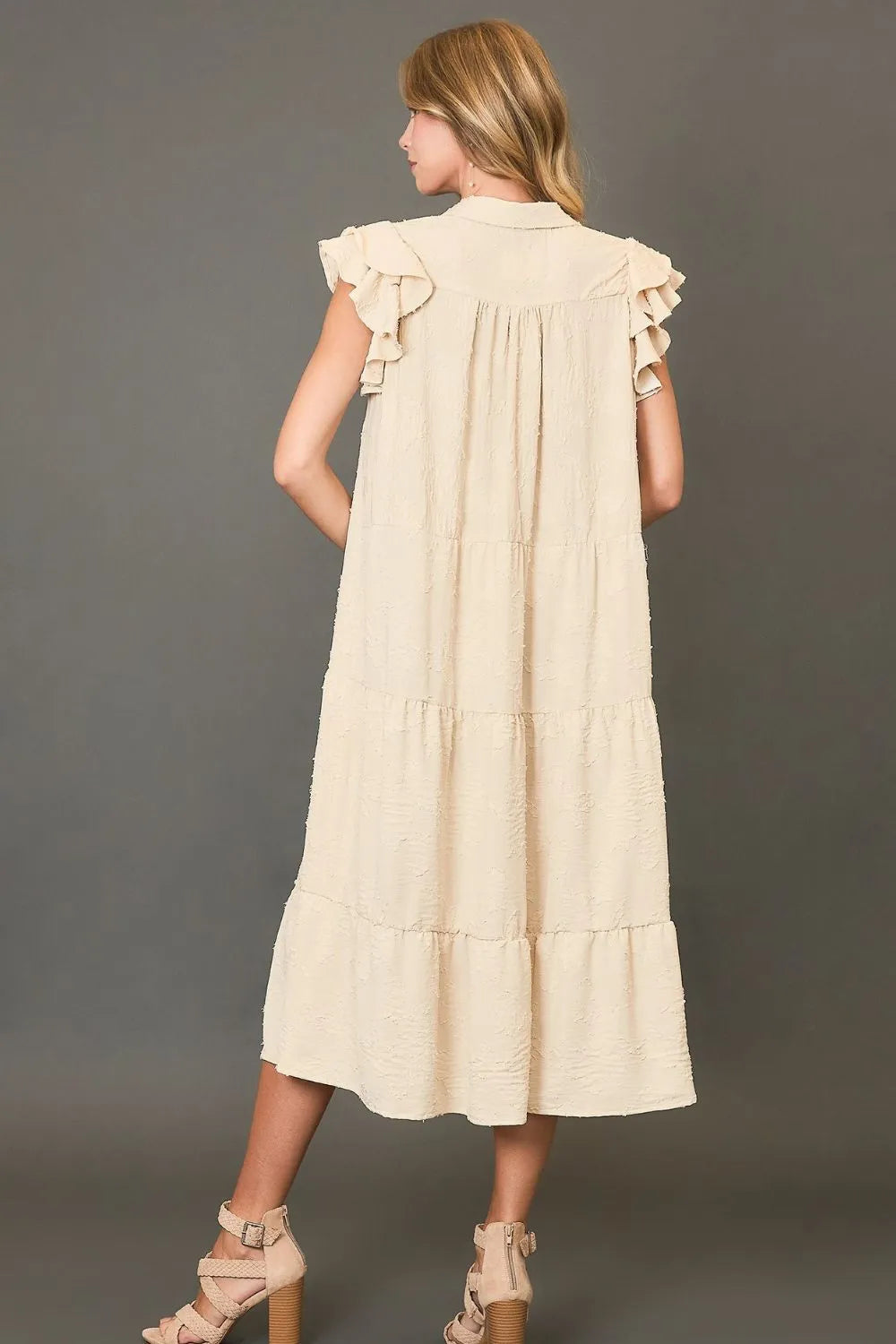 Umgee Full Size Tiered Floral Burnout Ruffle Sleeve Midi Dress Plus Size - Brittney MADE