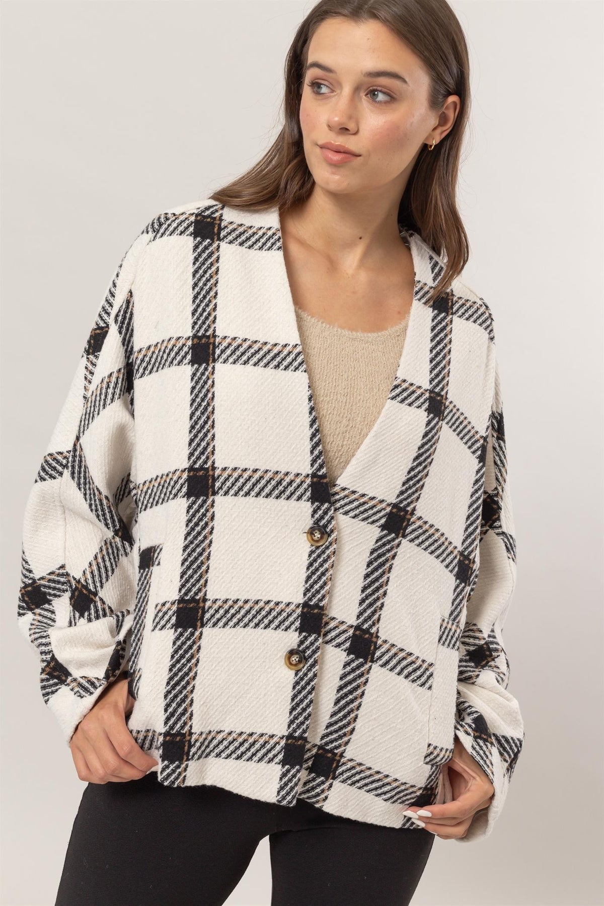 HYFVE Plaid Long Sleeve Jacket with Side Slit Pockets - Brittney MADE